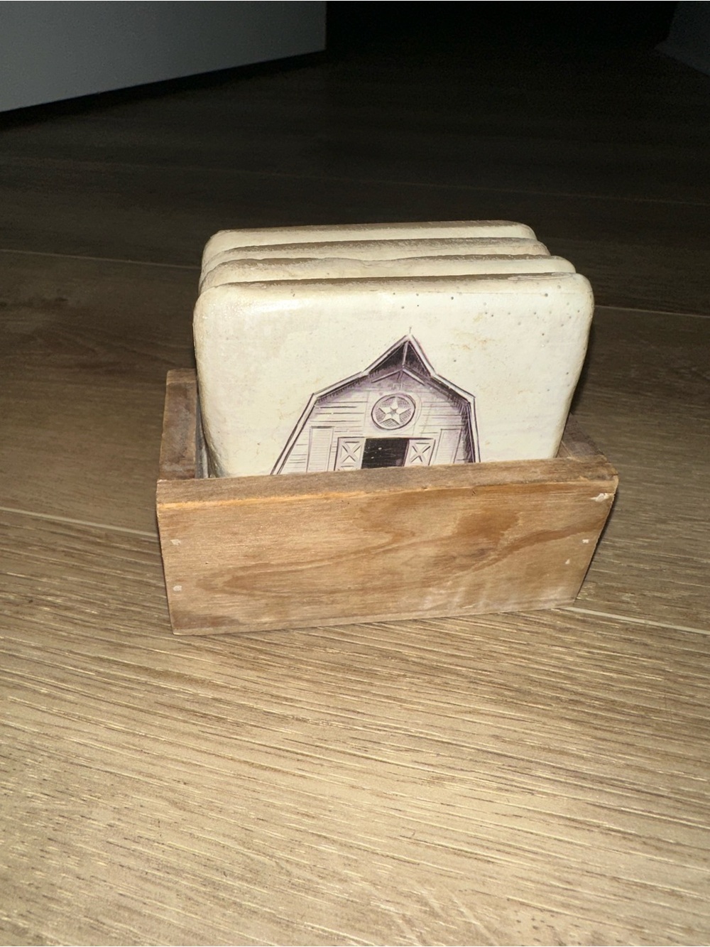 Rustic Ceramic Farmhouse Coasters with Wooden Holder - Cream and Brown